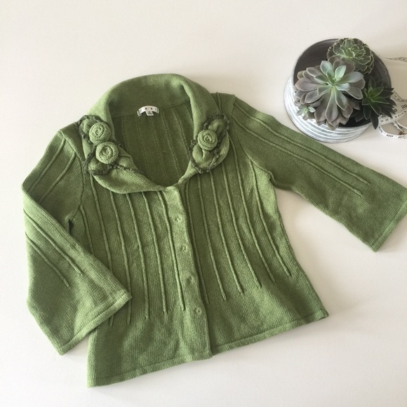 CAbi Sweaters - CAbi rose embellished green cardigan